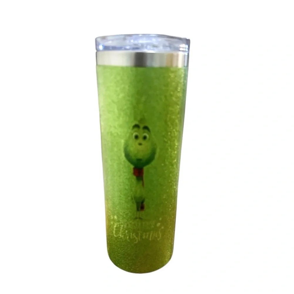 The Grinch Bling Crystal Green Tumbler with Straw featuring classic Grinch image